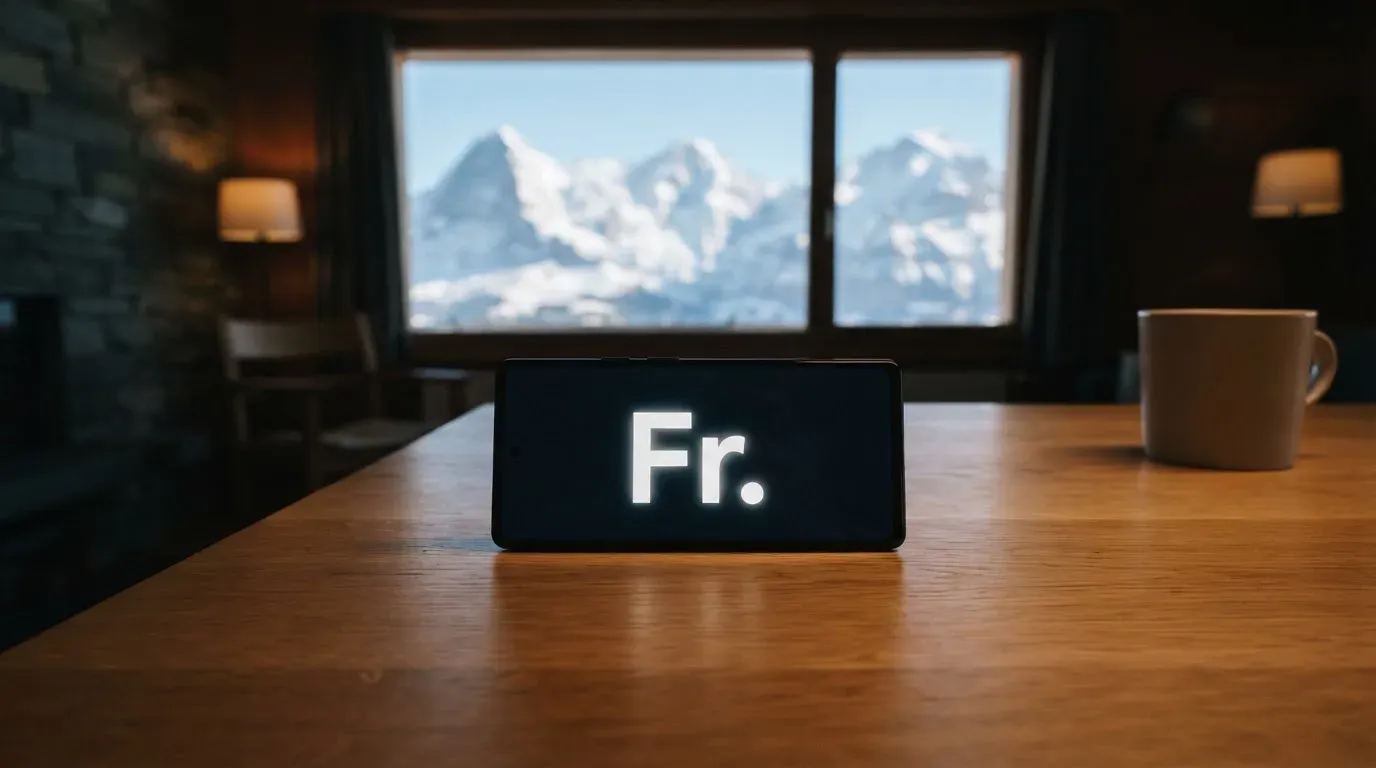 Ein Smartphone mit dunklem Bildschirm liegt auf einem Holztisch vor einem Fenster mit Blick auf schneebedeckte Gipfel