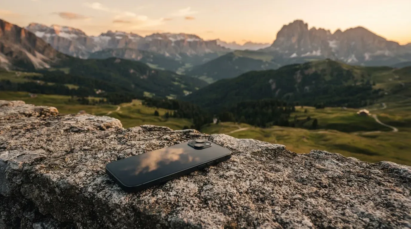 Ein Smartphone mit dunklem Display liegt auf einer Steinmauer, dahinter ein Alpental im Abendlicht