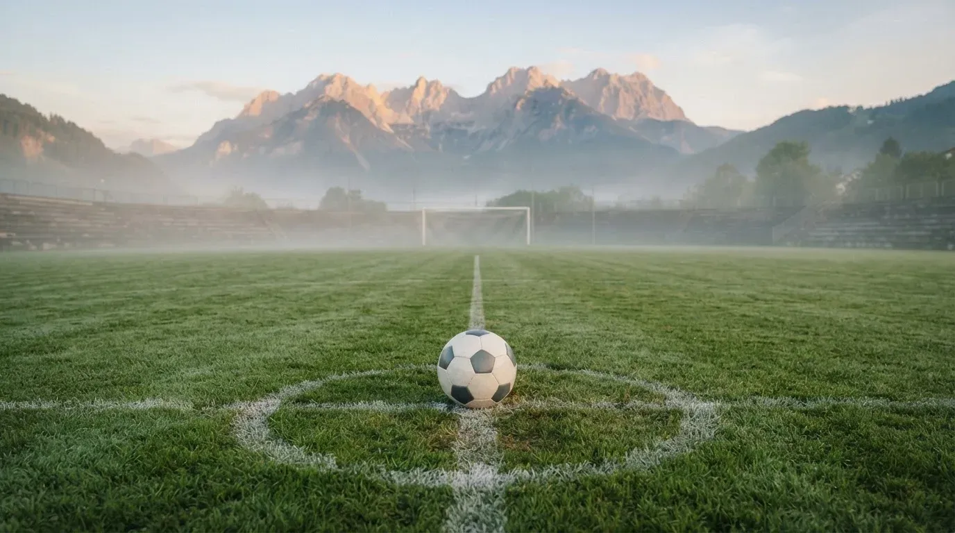 Ein einzelner Fussball auf dem Mittelpunkt eines leeren Rasens im Morgennebel, hinter dem Tor ragen Berge auf