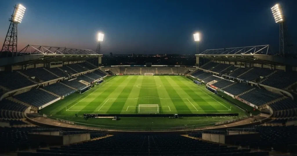 Ein Fussballstadion bei Flutlicht von einer Anhöhe aus gesehen, der Rasen leuchtet grün unter dunklem Abendhimmel