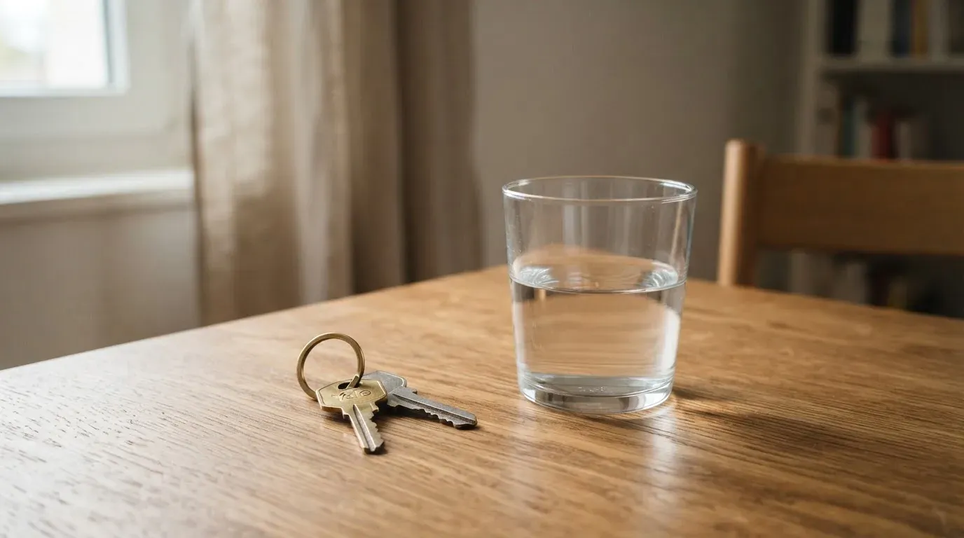 Ein Schlüsselbund und ein Glas Wasser stehen auf einem Holztisch im Licht eines Fensters