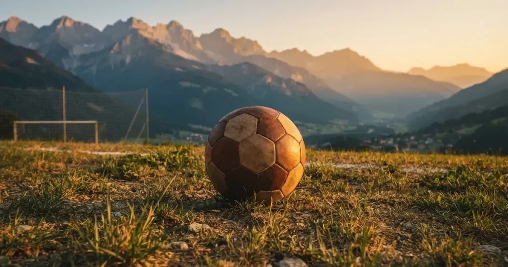 Ein Fussball auf einem staubigen Rasenstück in der Abendsonne, im Hintergrund eine hohe Bergkette