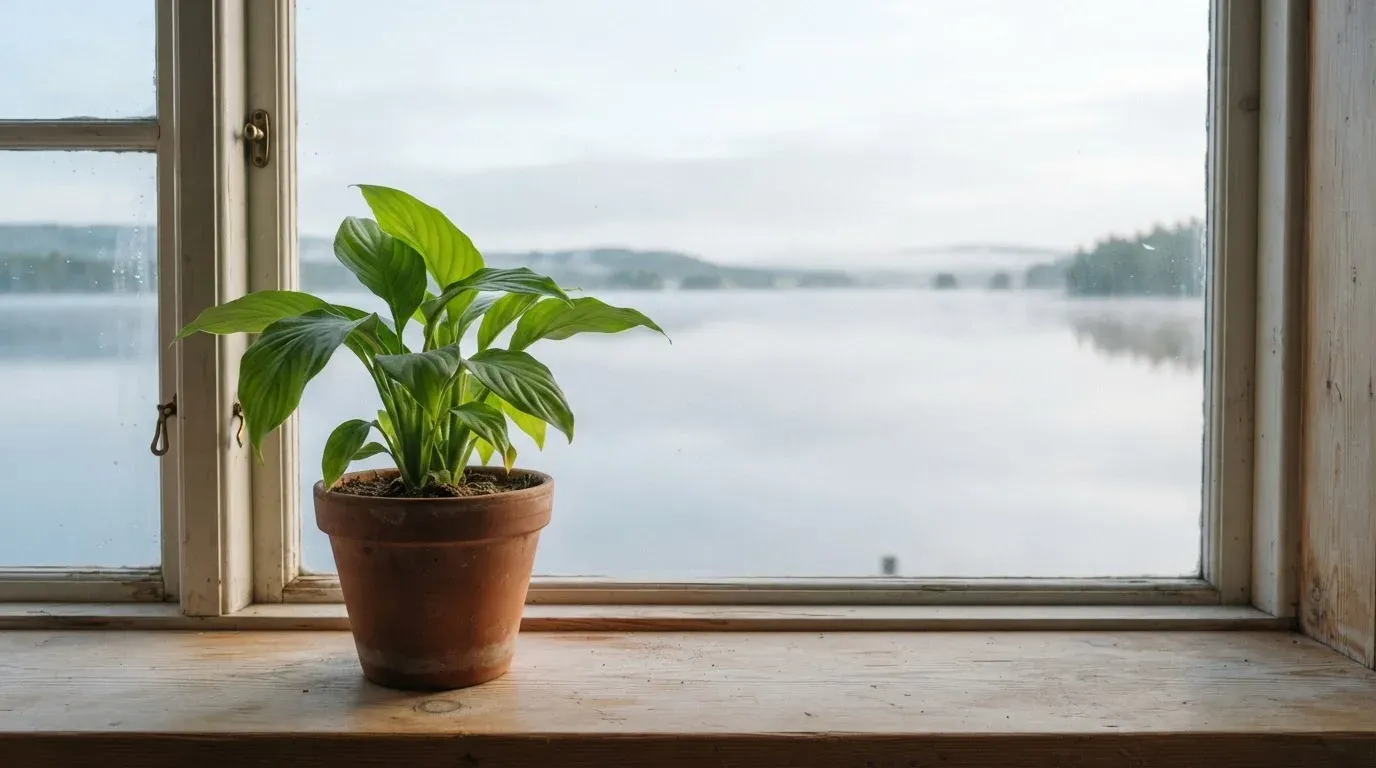 Eine Topfpflanze auf einem Fensterbrett mit weitem Blick über einen stillen See am Morgen