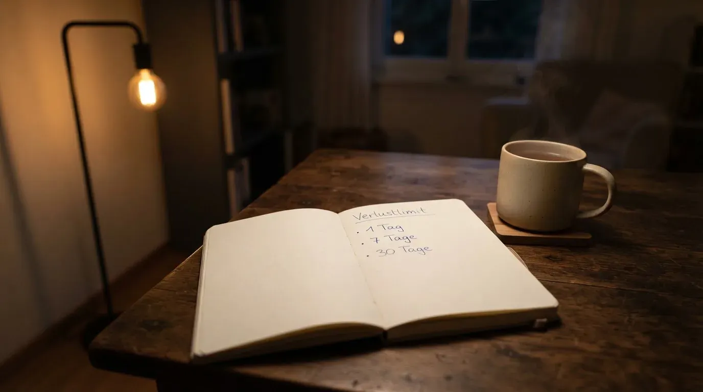 Ein Notizbuch mit handschriftlichen Einträgen und eine Tasse Tee stehen auf einem Tisch neben einer Stehlampe