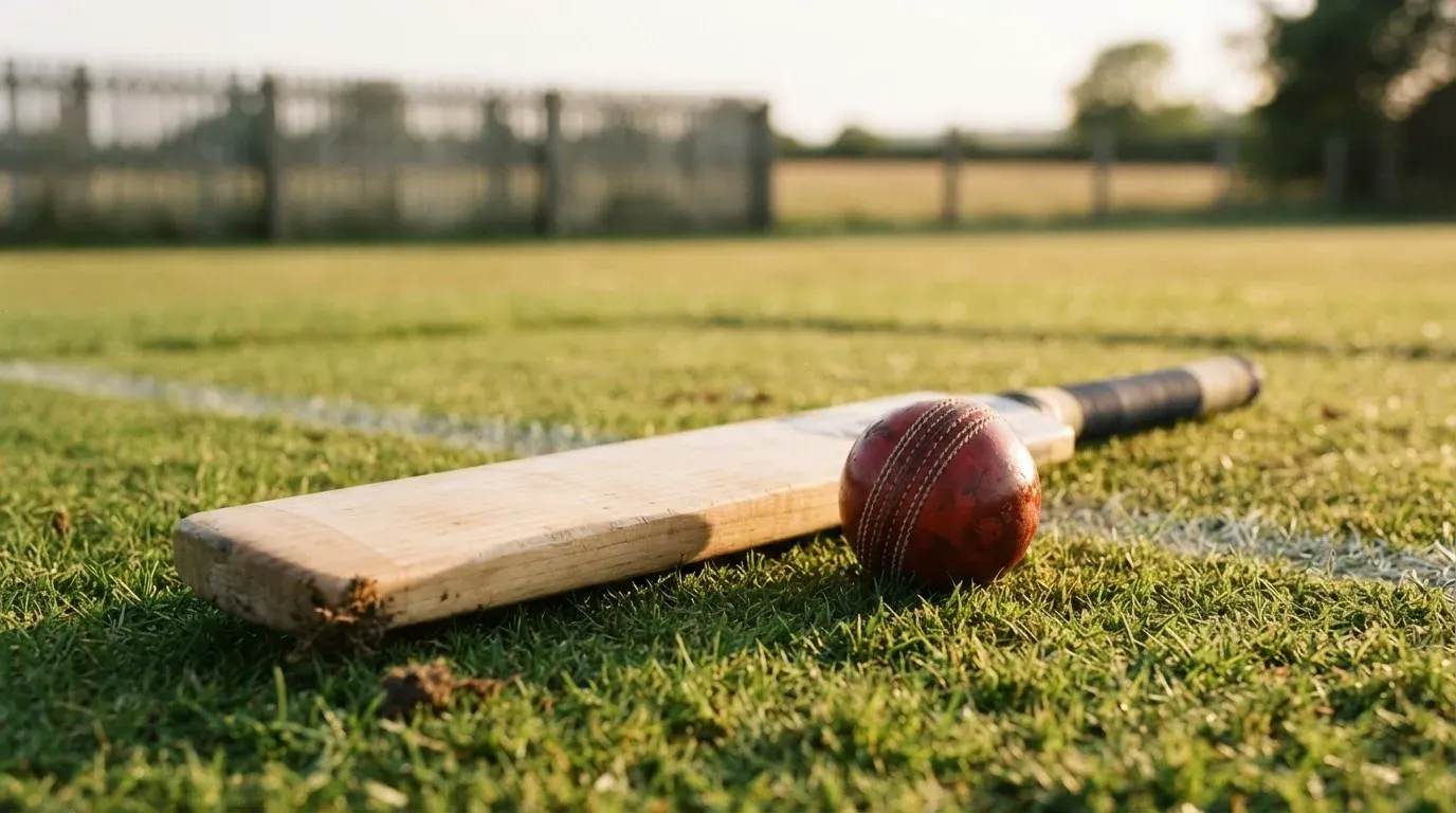 Ein roter Lederball und ein Holzschläger liegen auf einer Rasenkante, dahinter ein unscharfer Zaun