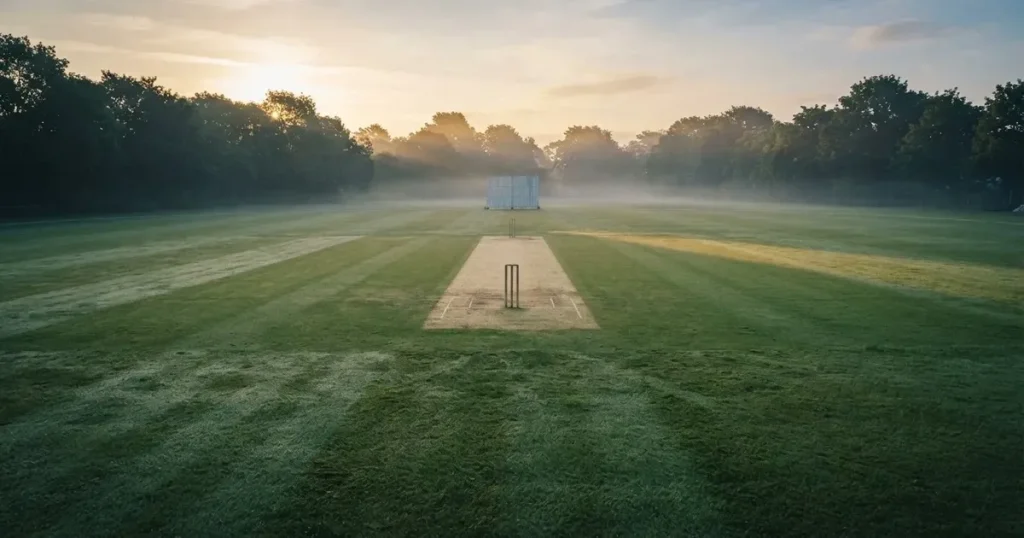 Ein ovales Cricketfeld mit gemähtem Rasen und hellem Mittelstreifen am frühen Morgen, Nebel zwischen den Bäumen am Rand