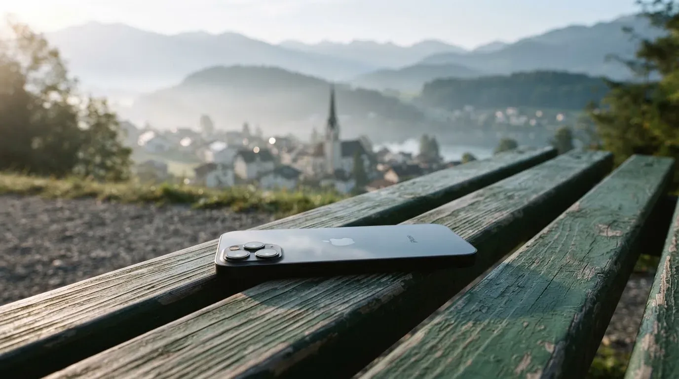 Ein Smartphone mit dunklem Display liegt auf einer Parkbank, dahinter ein Schweizer Dorf mit Kirchturm im Dunst