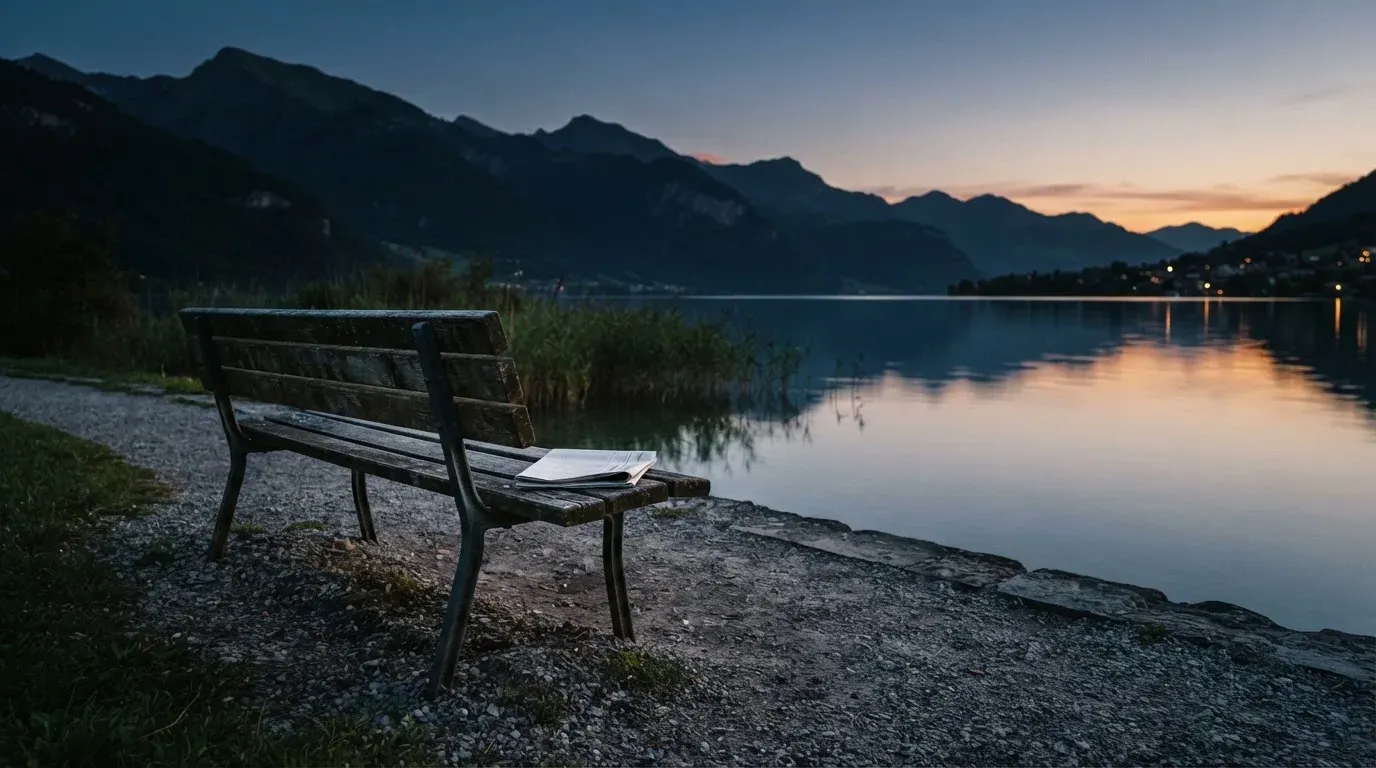 Eine leere Holzbank am Seeufer in der Dämmerung, im Hintergrund dunkle Berge