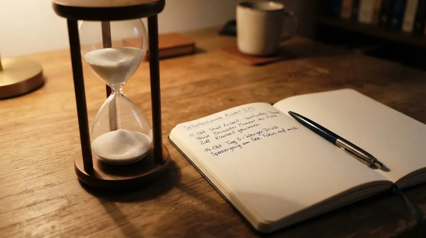 Eine Sanduhr steht auf einem Schreibtisch neben einem Notizbuch mit handschriftlichen Einträgen im Licht einer Lampe
