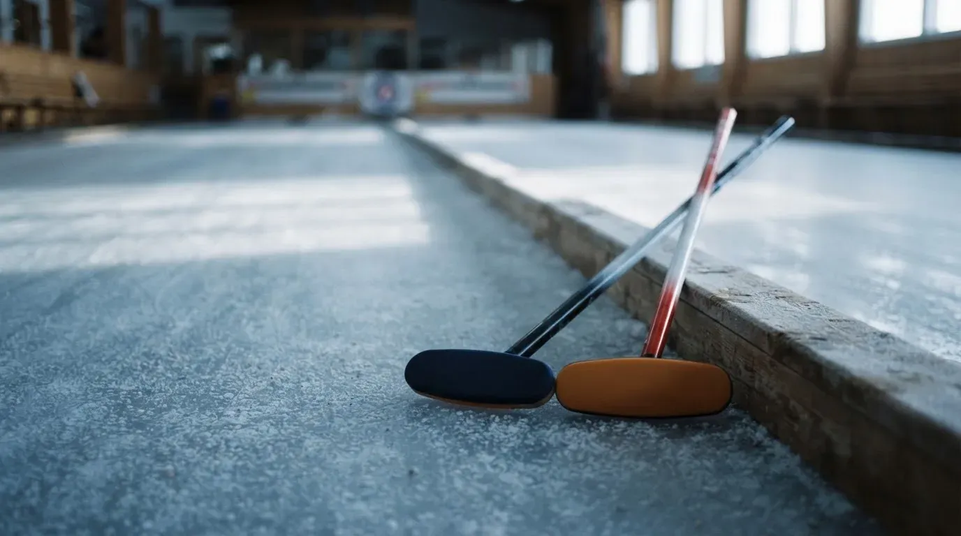 Zwei Curlingbesen lehnen an einer Bande am Rand einer leeren Eisfläche, kaltes Licht fällt durch hohe Fenster