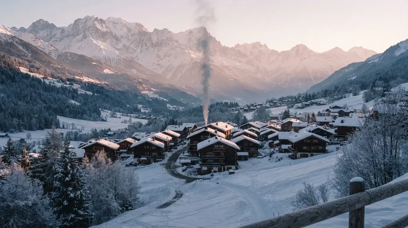 Ein Bergdorf im Schnee am Morgen aus der Ferne gesehen, aus einem Kamin steigt Rauch auf