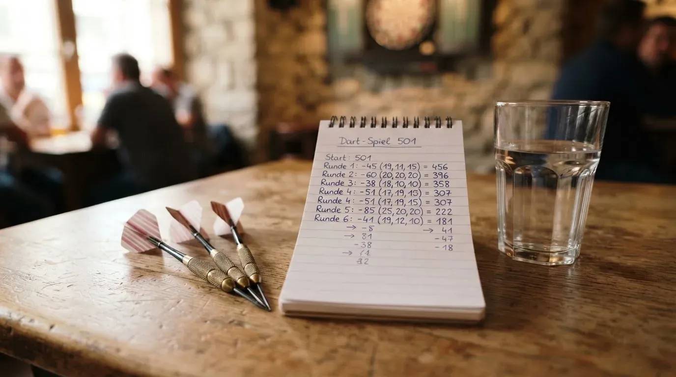 Drei Dartpfeile liegen auf einer Holzfläche neben einem Notizblock mit handschriftlichen Zahlen und einem Glas Wasser