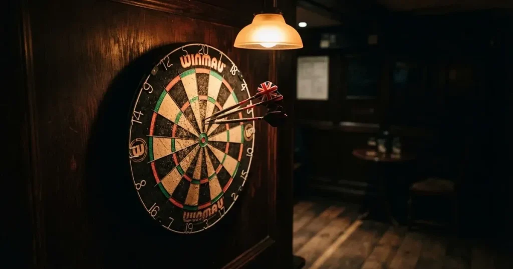 Drei Dartpfeile stecken in einer Dartscheibe an einer Holzwand in einer dämmrigen Kneipe, warmes Lampenlicht fällt von oben