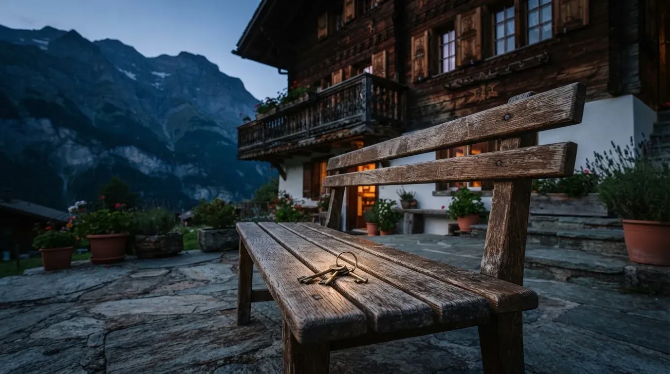 Eine Holzbank steht vor einem Chalet im Abendlicht, ein Schlüsselbund liegt darauf
