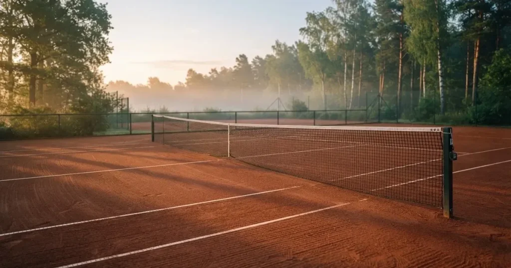 Ein Tennisplatz aus Sand bei Sonnenaufgang mit gespanntem Netz, Nebel zwischen den Bäumen am Rand