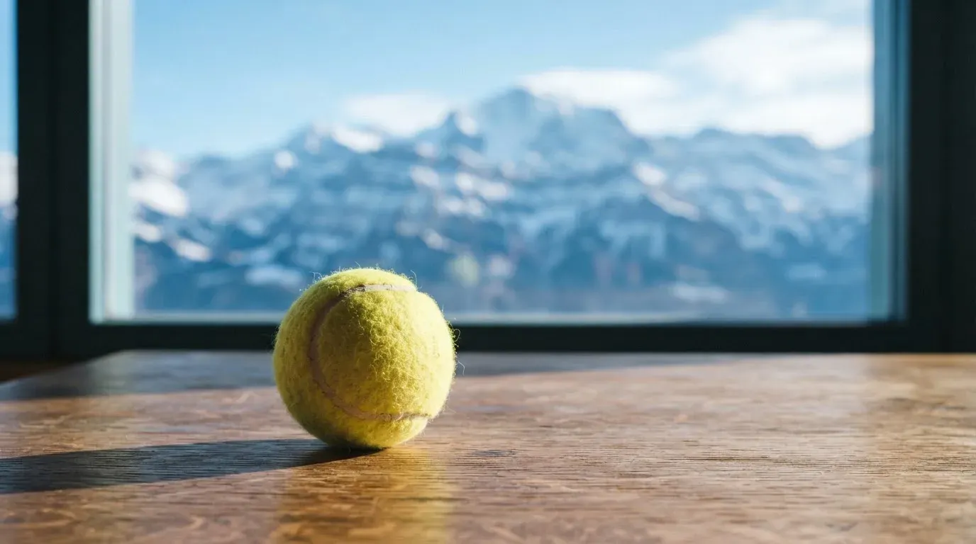 Ein einzelner gelber Tennisball liegt auf einem Holztisch vor einem Fenster mit Alpenblick