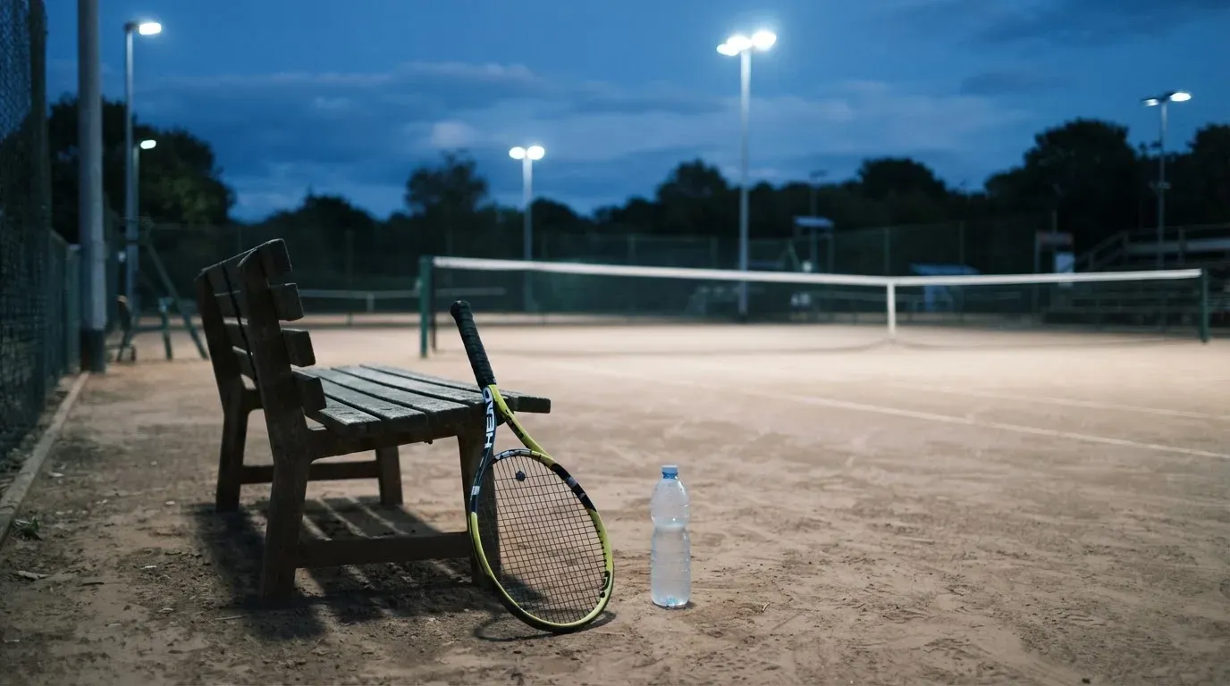 Ein Tennisschläger lehnt an einer Bank neben einer Wasserflasche, am Abend ruht der Platz im Flutlicht, aus der Ferne gesehen