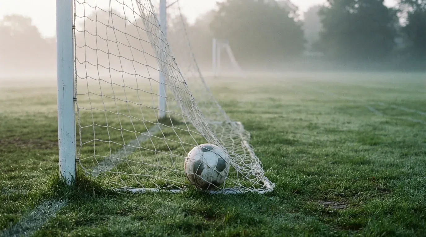 Ein Fussball liegt im Netz hinter einem Tor, weicher Morgennebel hängt über dem Rasen
