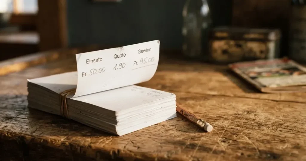 Ein Stapel unbeschriebener Papierzettel mit einem Gummiband liegt auf einer Werkbank im Seitenlicht