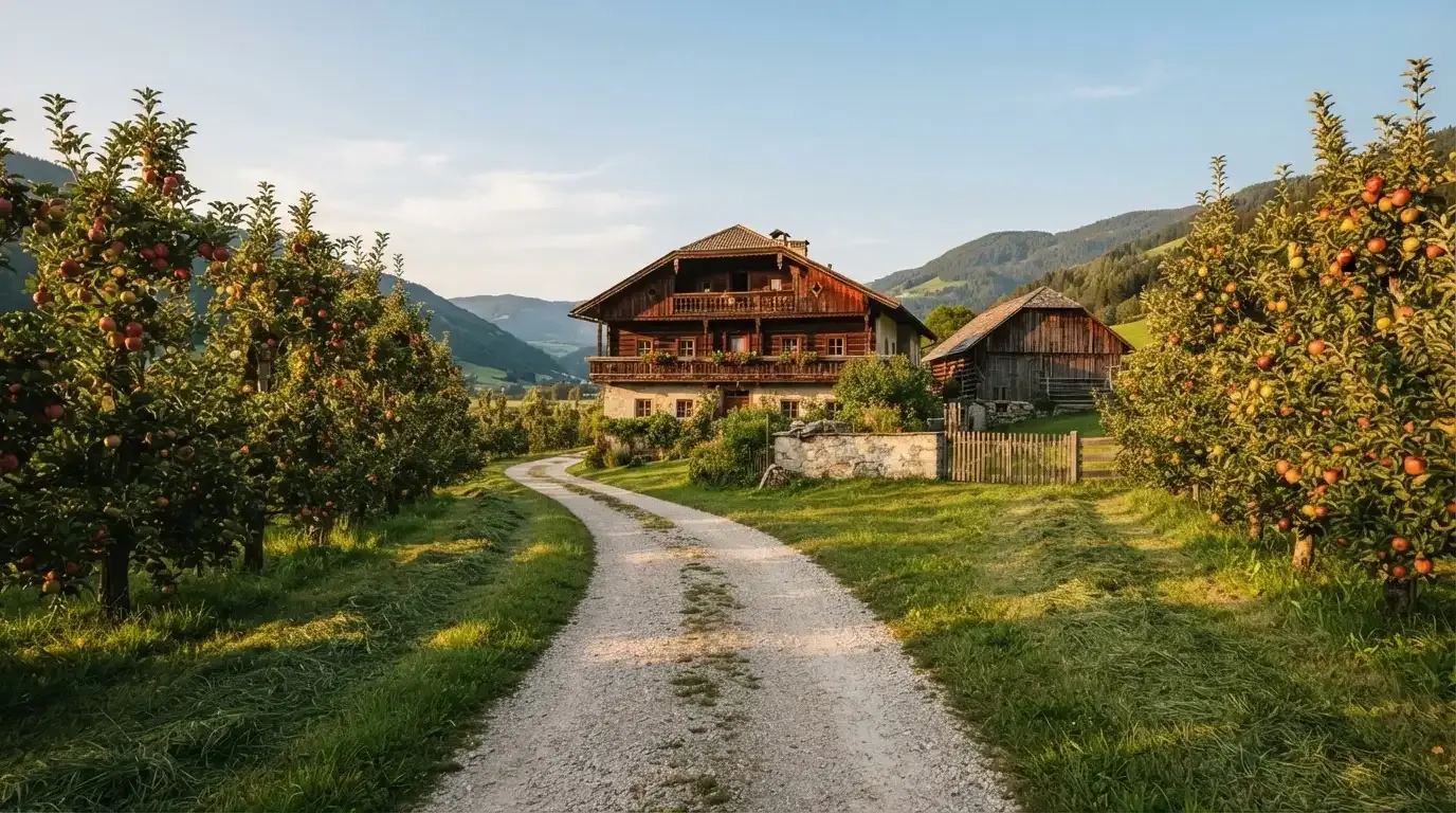 Ein Kiesweg führt durch einen Obstgarten zu einem Bauernhaus mit Holzbalkon, über dem Tal liegt Abendlicht