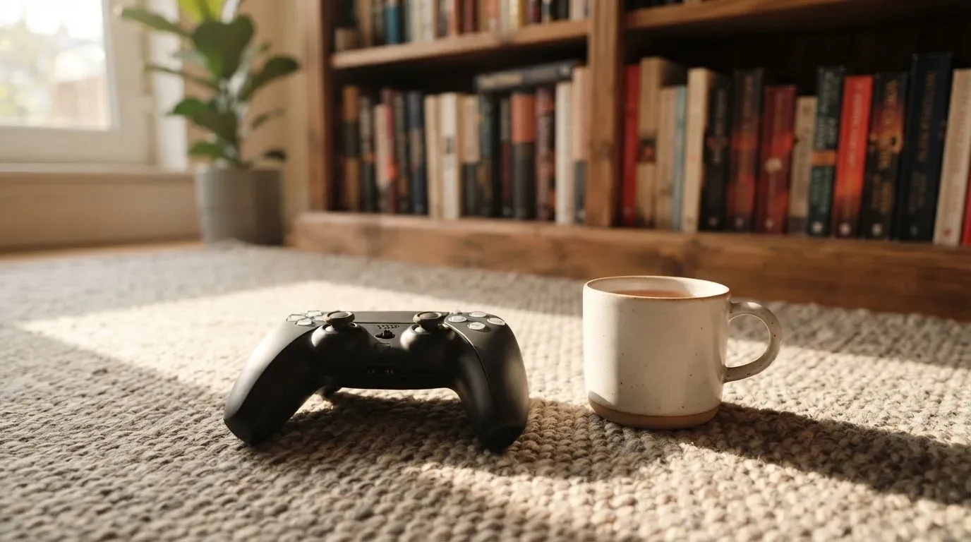 Ein Spielcontroller liegt auf einem Teppich neben einer Tasse, im Hintergrund ein Regal mit Büchern