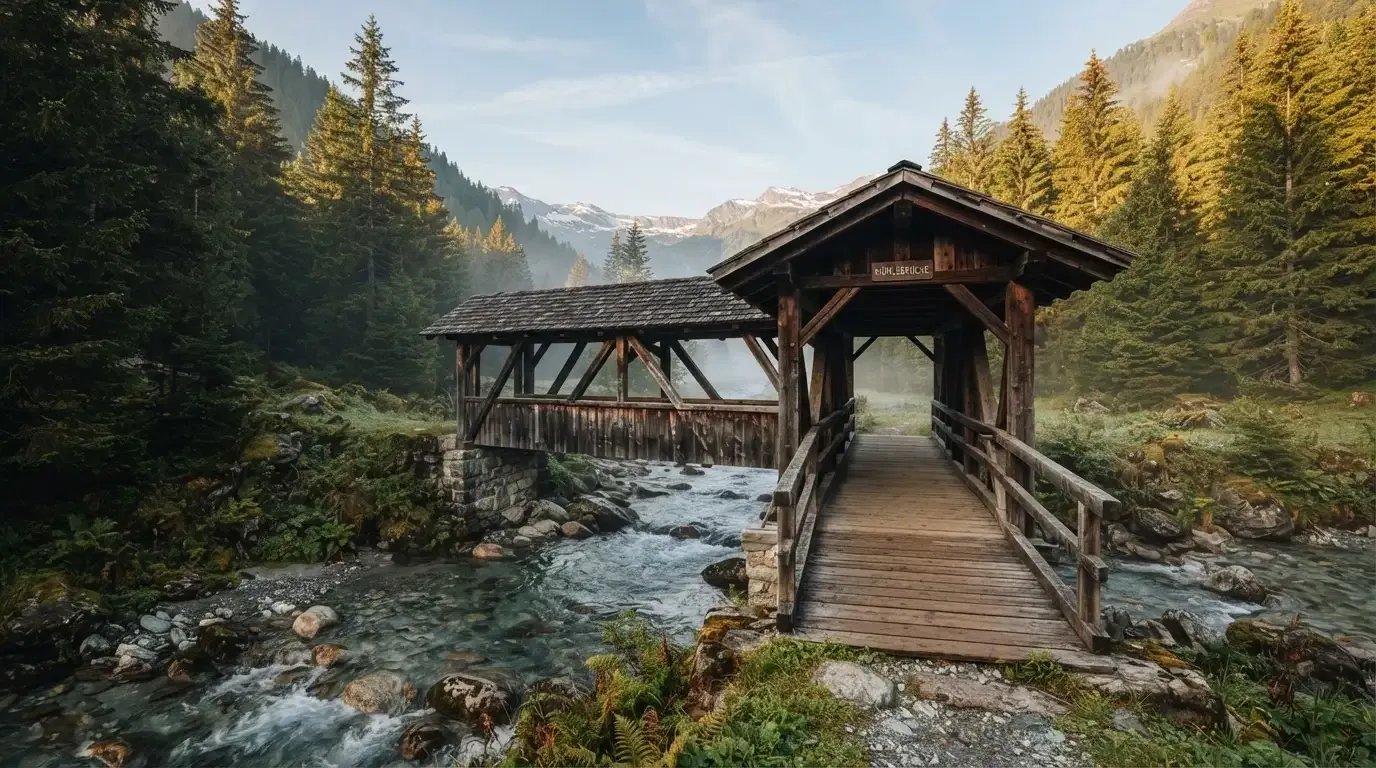 Eine alte Holzbrücke führt über einen Bergbach im Morgenlicht, Tannen säumen das Ufer