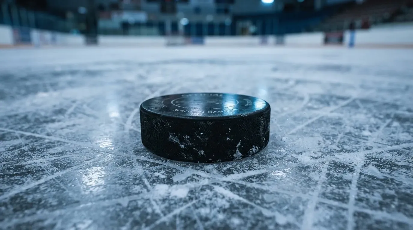 Ein Eishockeypuck liegt auf einer Eisfläche mit Kratzspuren, Nahaufnahme mit kühlen Reflexen
