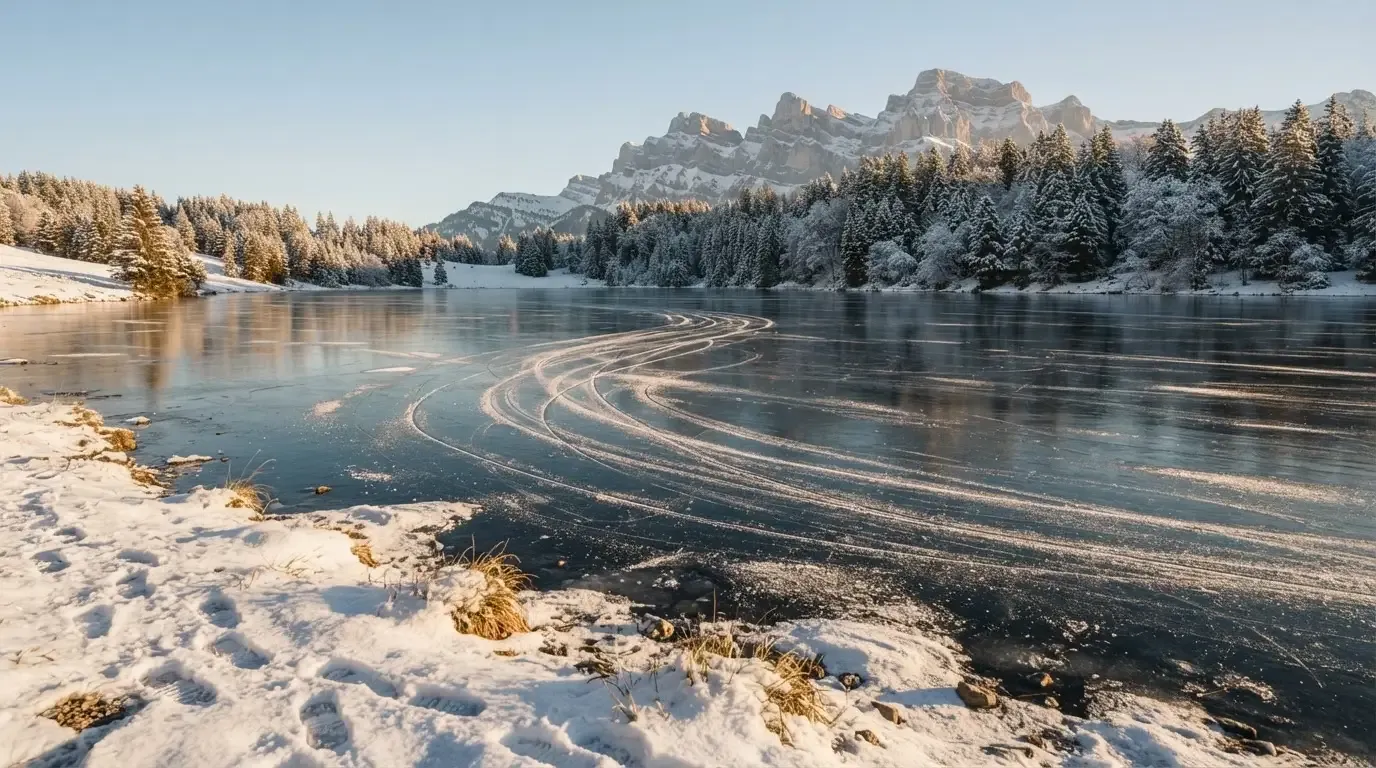 Ein zugefrorener Bergsee mit Spuren von Schlittschuhen am Morgen, dahinter ein verschneiter Wald