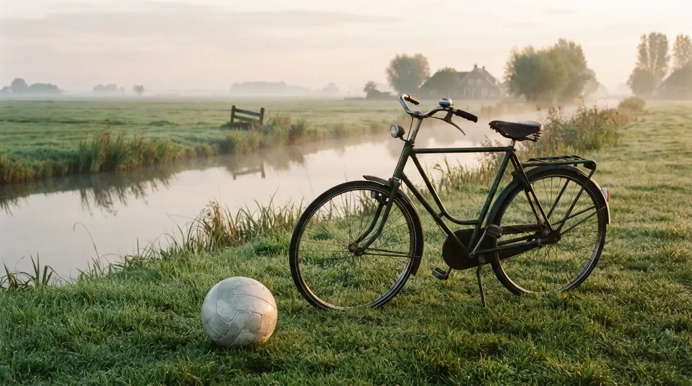 Ein Fussball liegt auf einer Wiese neben einem Fahrrad, im Hintergrund ein Kanal im Morgenlicht