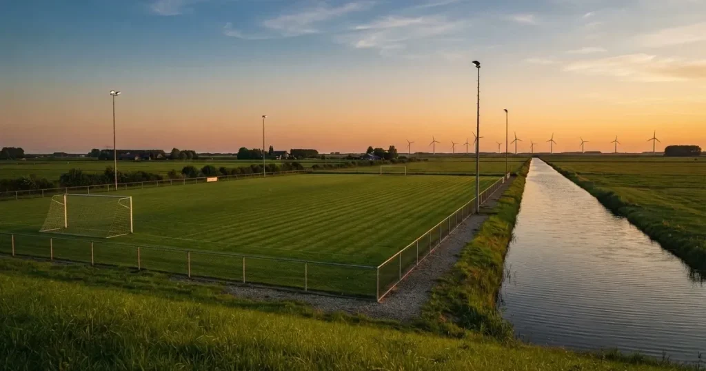 Ein Fussballplatz neben einem Kanal in flachem Land mit Windrädern am Horizont, Abendlicht liegt über dem Rasen