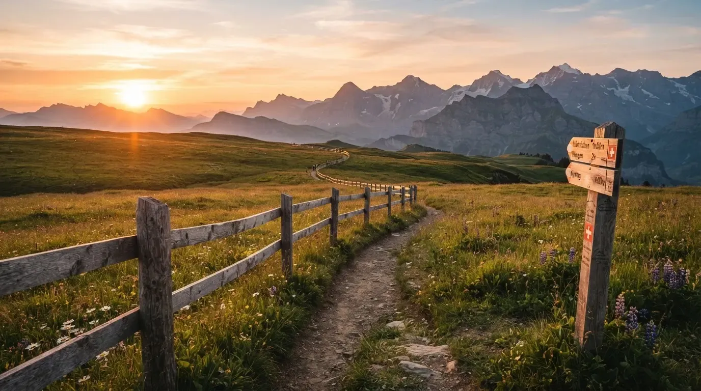 Ein Wanderweg führt durch eine Almwiese im Sonnenuntergang, am Wegrand steht ein Holzzaun