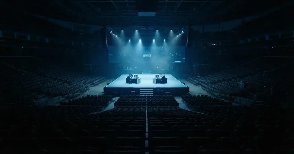Eine grosse leere Arena mit Bühne und blauem Licht von weitem gesehen, Stuhlreihen liegen im Dunkeln