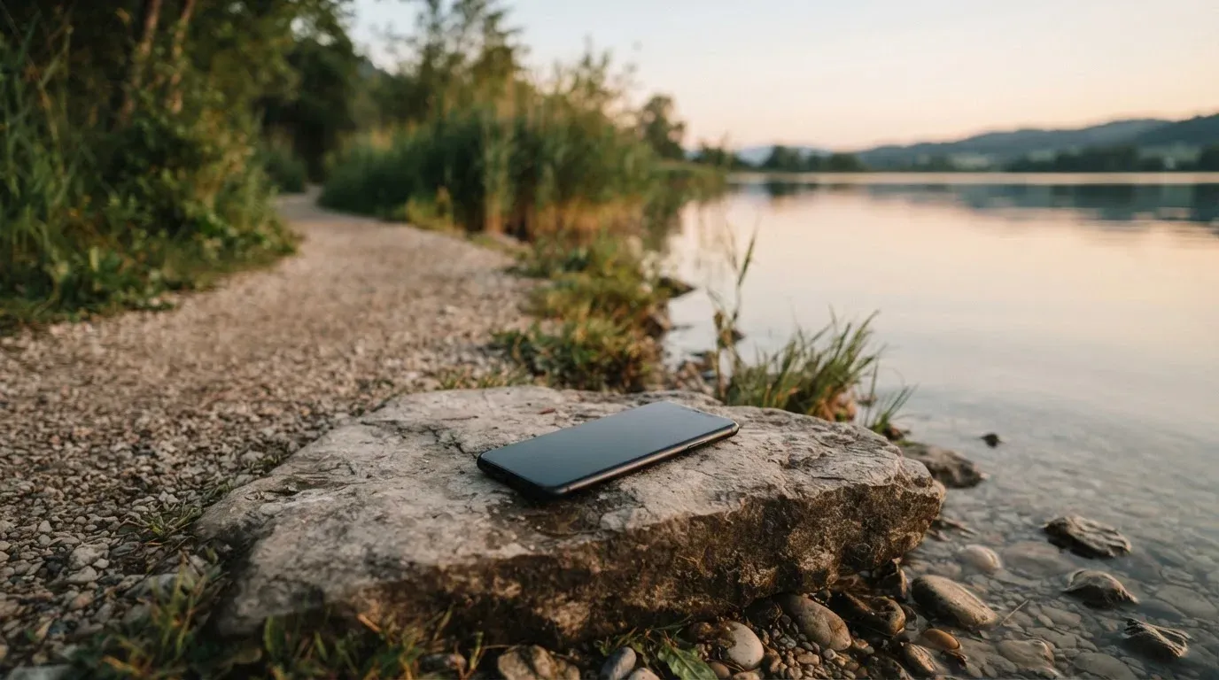 Ein schmaler Wanderweg führt am Seeufer entlang, auf einem Stein liegt ein Smartphone mit dunklem Display
