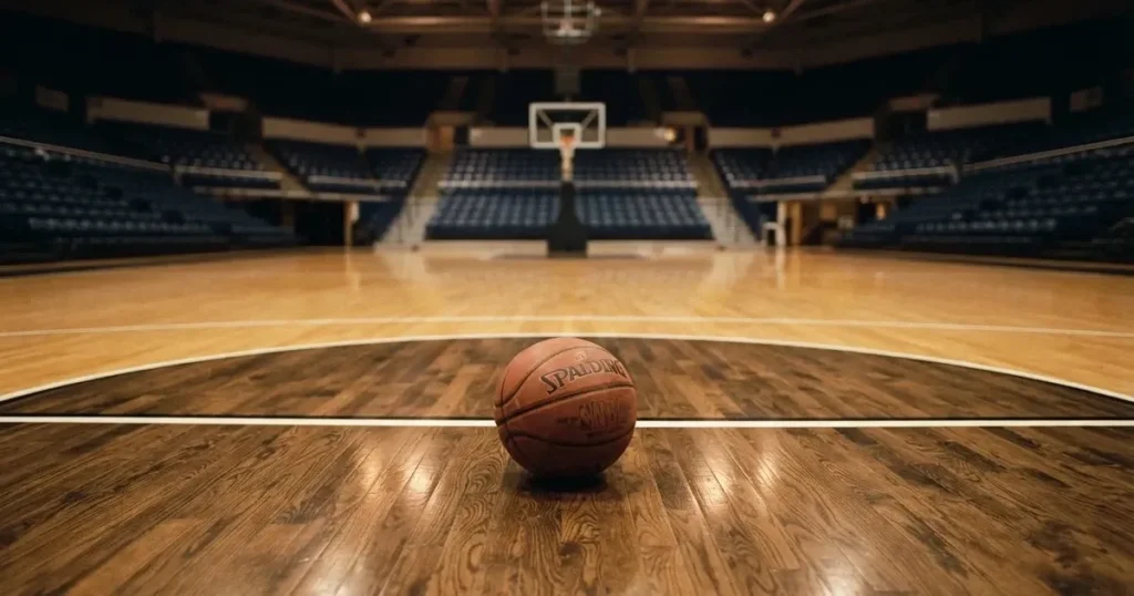Ein Basketball liegt auf dem hellen Parkett einer leeren Halle, im Hintergrund steigen die Tribünenreihen im Halbdunkel an.