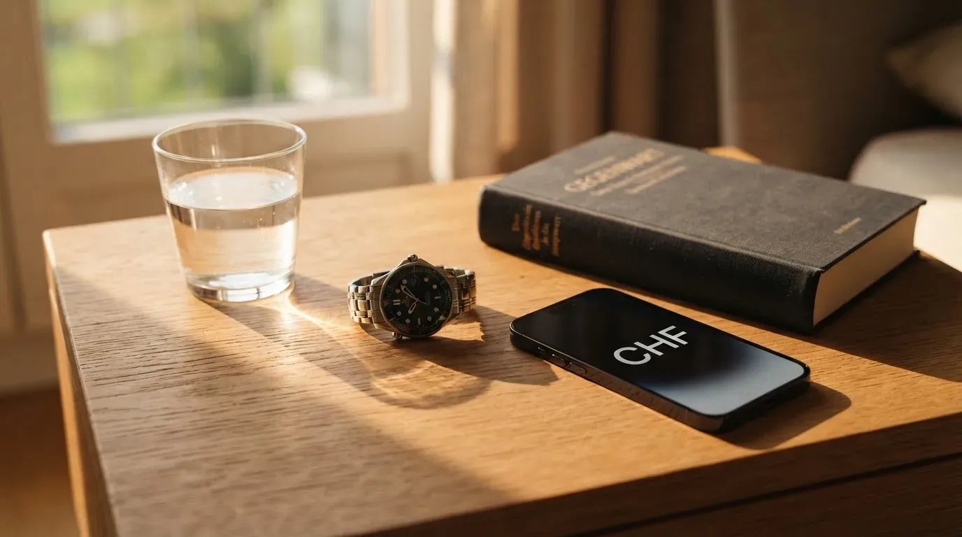 Eine Armbanduhr und ein Wasserglas stehen auf einem Nachttisch im ersten Morgenlicht, daneben ein zugeklapptes Buch.