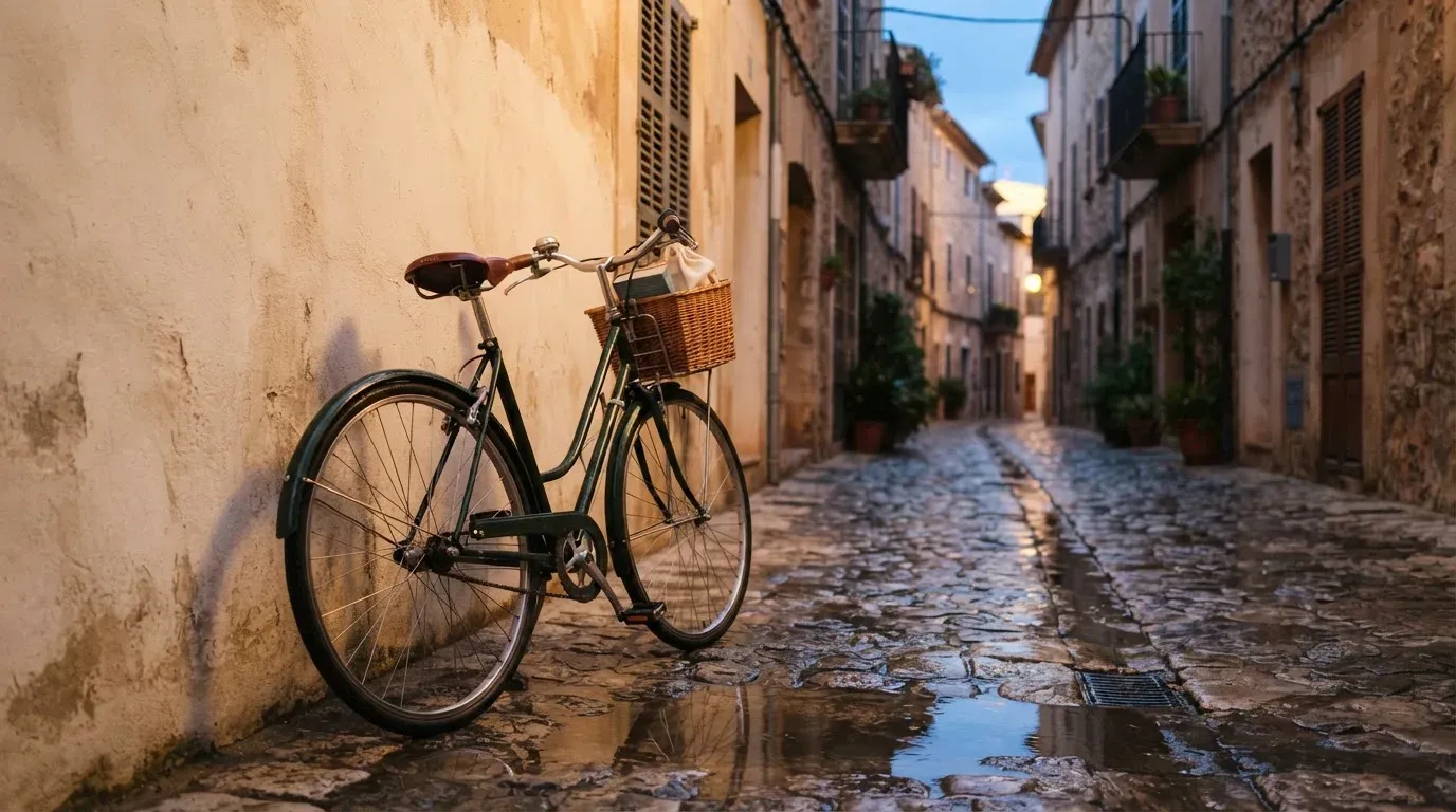Ein Fahrrad lehnt an einer Mauer in einer Altstadtgasse, das Kopfsteinpflaster glänzt nass nach dem Regen.