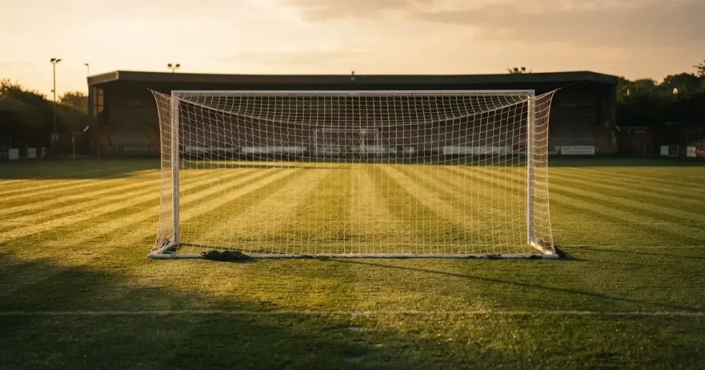 Ein Fussballtor mit weissem Netz steht auf frisch gemähtem Rasen, die hellen und dunklen Streifen im Gras leuchten im Gegenlicht.