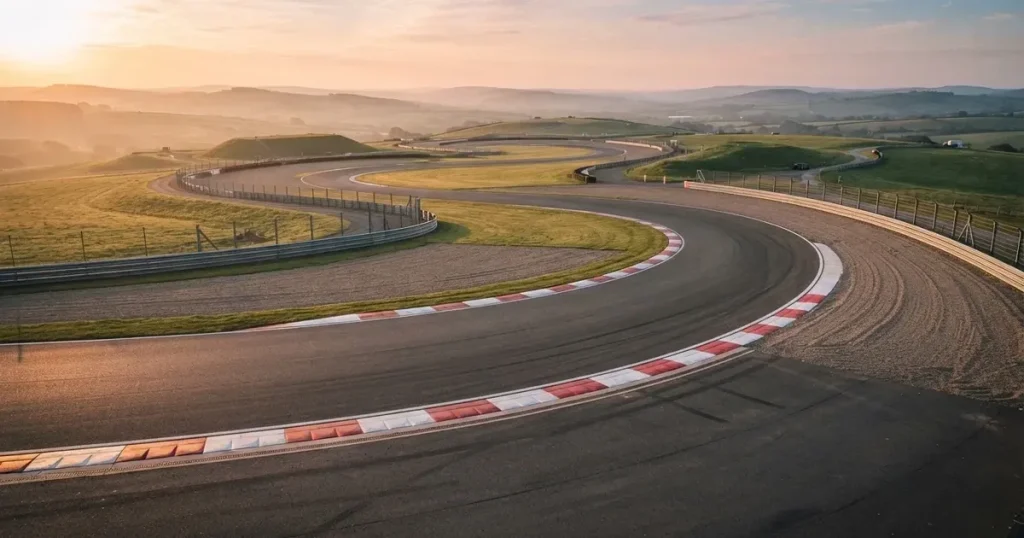 Eine leere Rennstrecke mit Asphaltkurven und rot-weissen Randsteinen, aus der Höhe bei Sonnenaufgang gesehen.