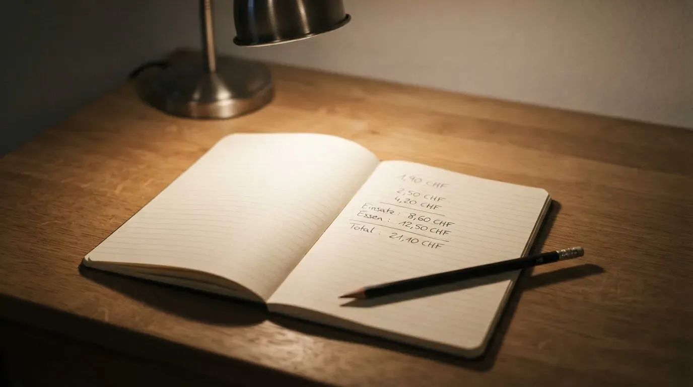 Ein Taschenrechner und ein Bleistift liegen auf einem leeren Schreibtisch unter einer Leselampe, der Raum ist still.
