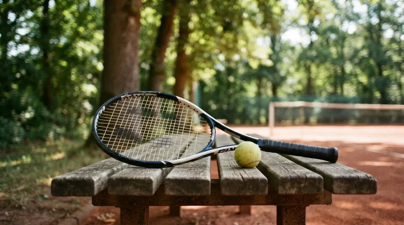Ein Tennisball und ein Schläger ruhen auf einer Holzbank am Spielfeldrand, im Hintergrund hohe Bäume im Sommerlicht.