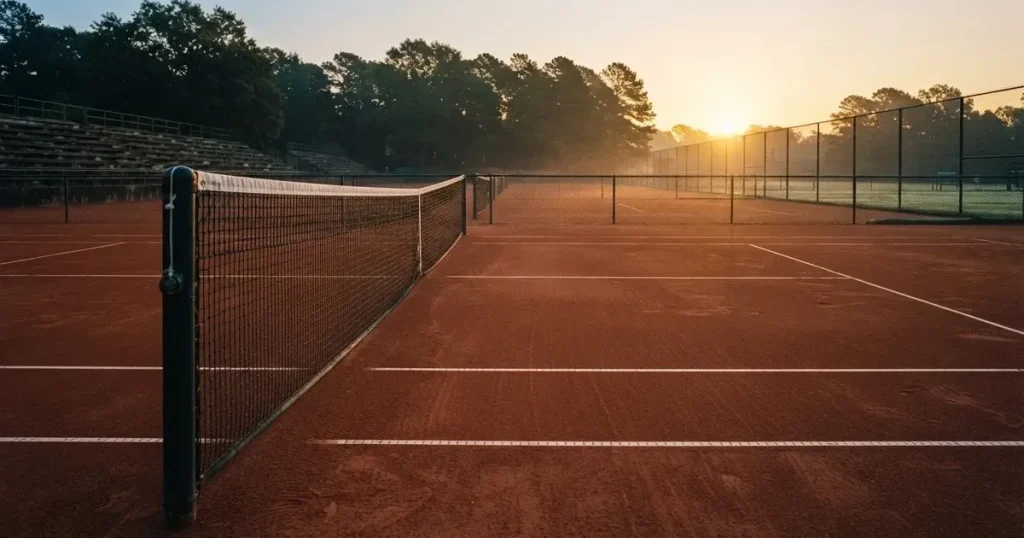 Ein Tennisplatz aus rotem Sand liegt im ersten Licht des Morgens, das Netz hängt still und die Linien sind frisch gezogen.