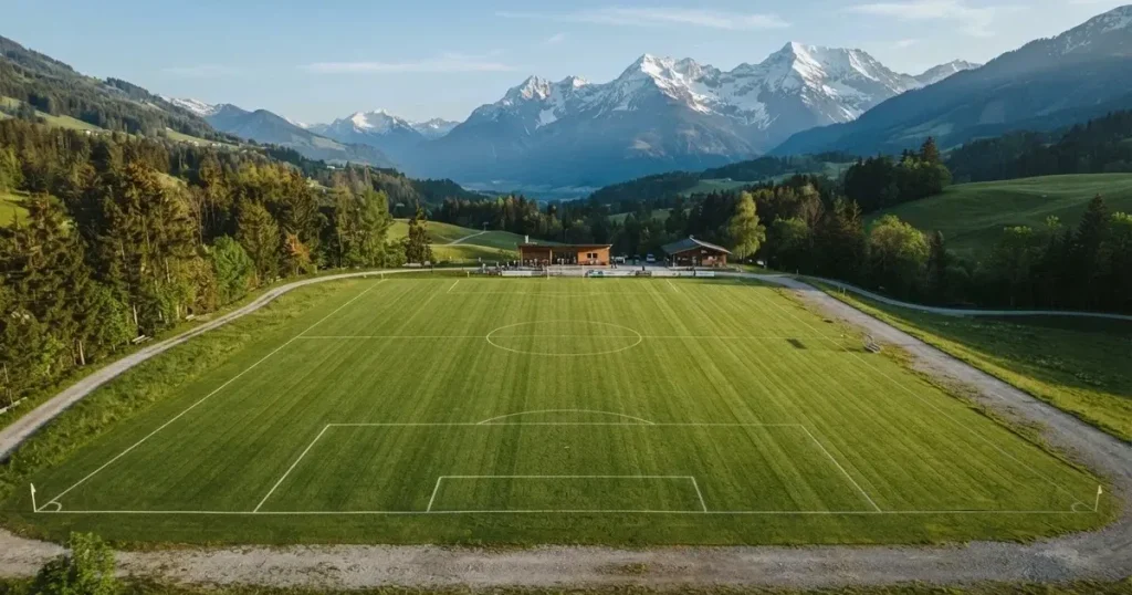 Ein Fussballplatz aus der Vogelperspektive mit sauberen Linien auf dichtem Rasen, in der Ferne verschneite Berge.