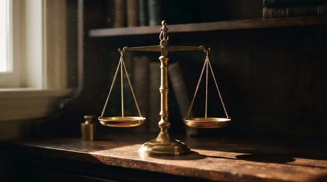 Eine Messingwaage steht auf einem dunklen Holzregal in einem ruhigen Raum, Staub tanzt im Licht.