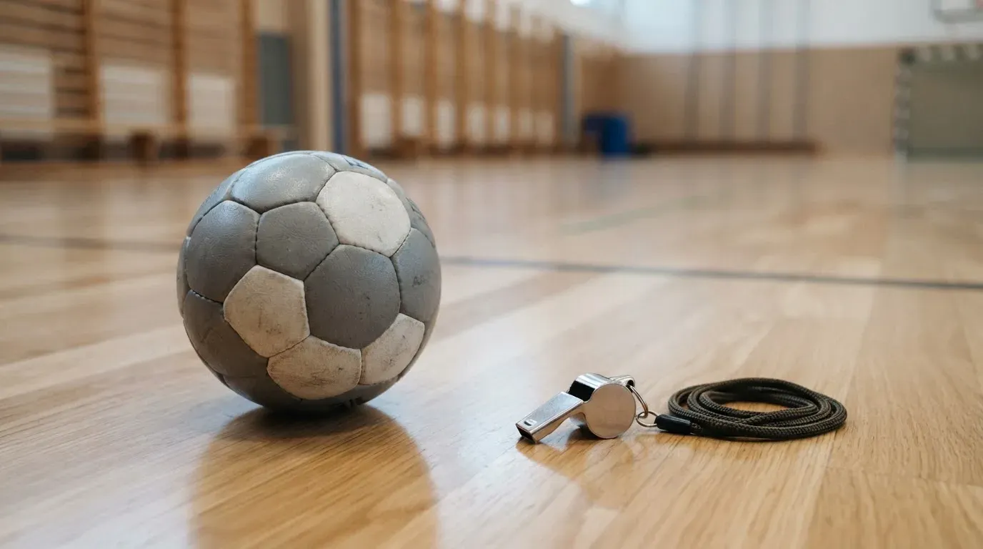 Ein kleiner, schwerer Ball liegt auf glattem Hallenparkett neben einer Trillerpfeife an einer Schnur.