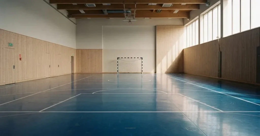 Eine leere Halle mit blauem Hallenboden und kleinen Toren an den Stirnseiten, Licht fällt durch hohe Fenster.