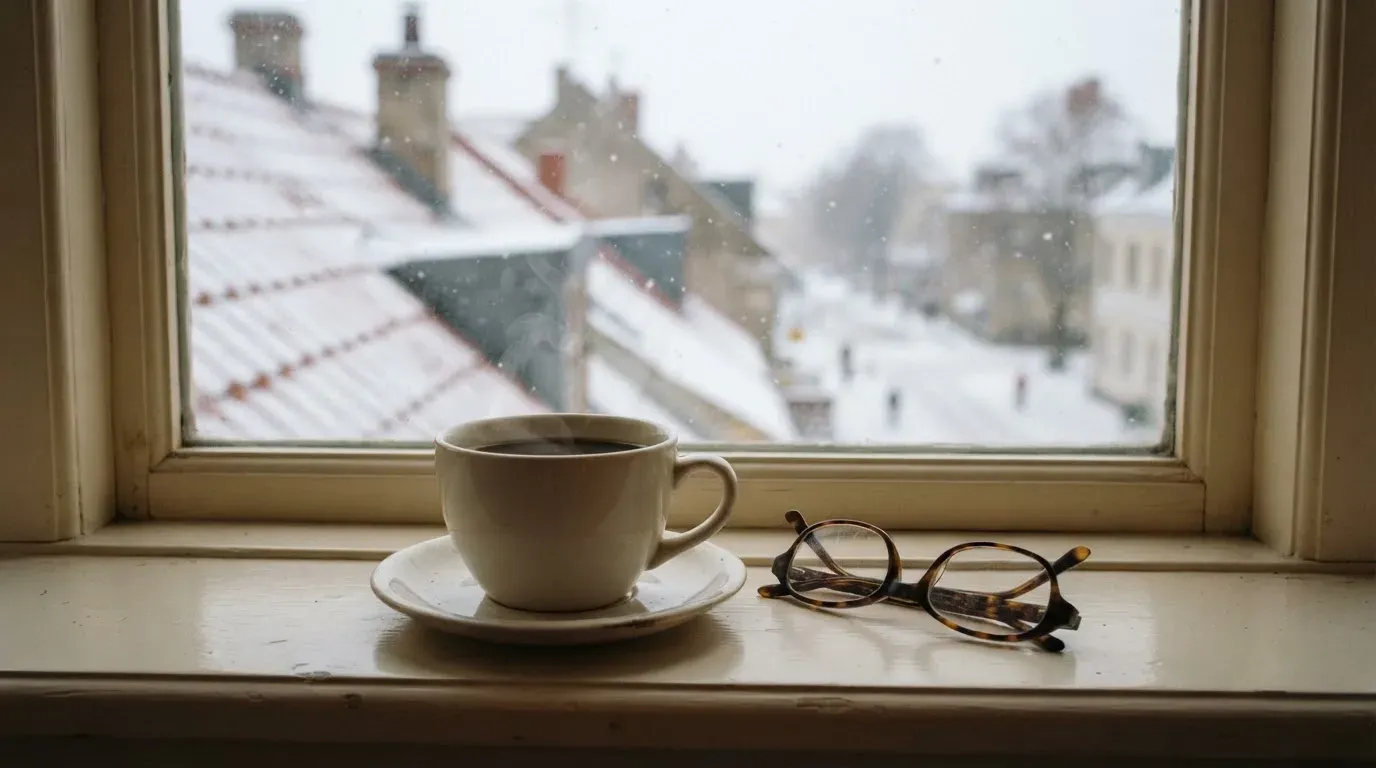 Eine Kaffeetasse und eine Brille stehen auf einem Fensterbrett, draussen fällt Schnee auf ein Dach.
