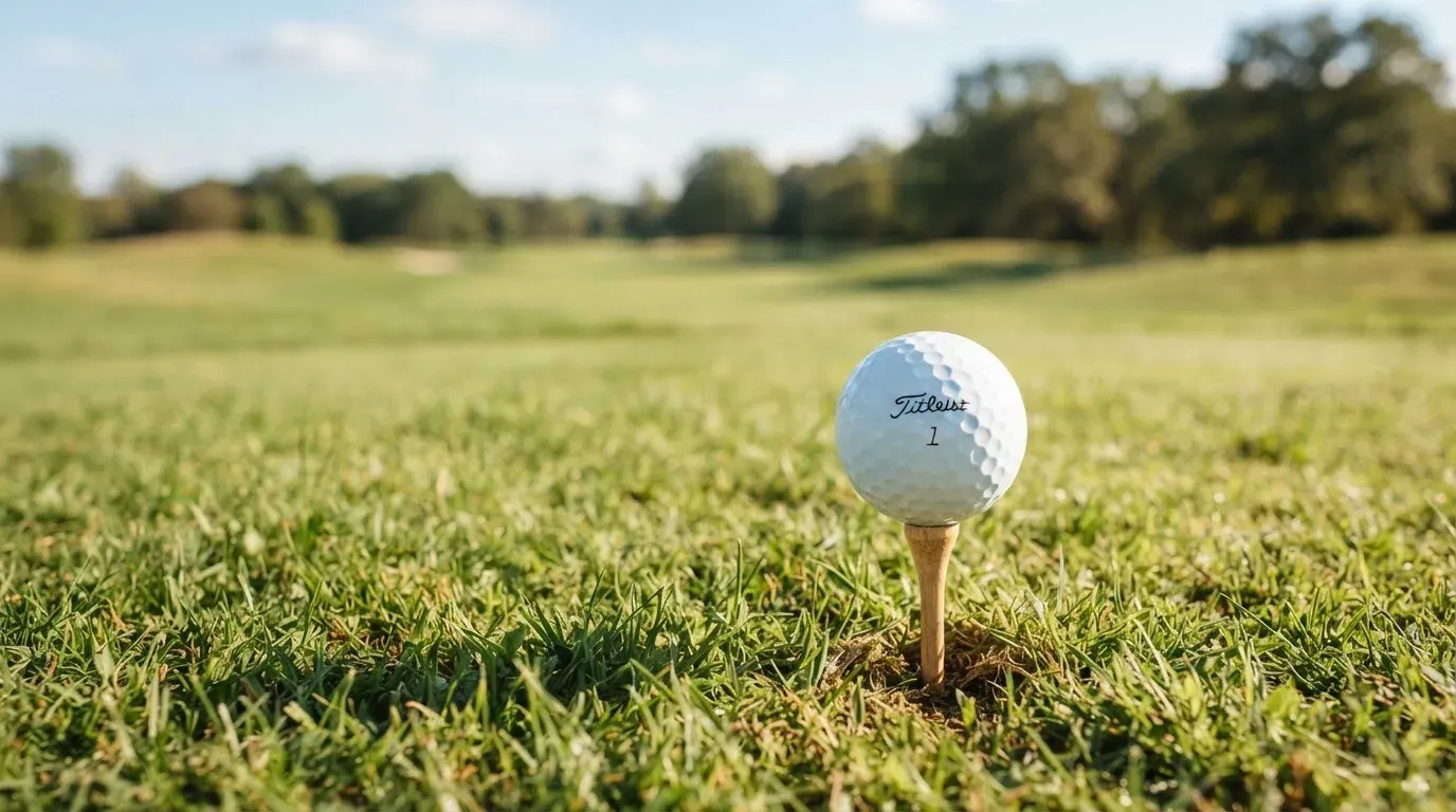 Ein Golfball liegt auf einem Holztee im Gras, scharf im Vordergrund, dahinter verschwimmt eine weite Wiese.