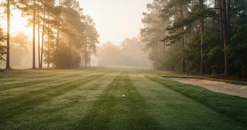 Ein weites Fairway zieht sich im Dunst des frühen Morgens zwischen Föhren hin, Tau liegt auf dem kurzen Gras.