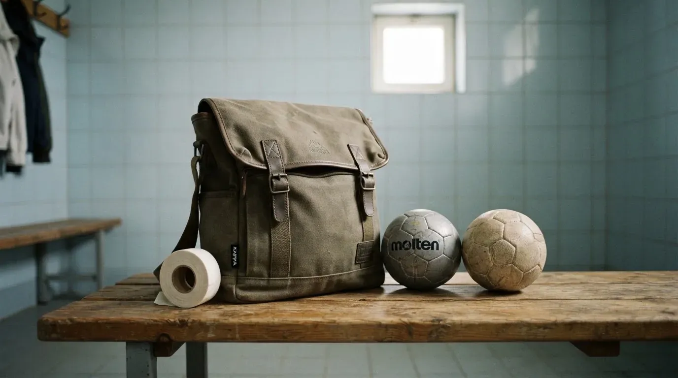 Eine Stofftasche mit Klebeband und zwei Handbällen steht auf einer Bank in einer Umkleide, Licht fällt durch ein kleines Fenster.