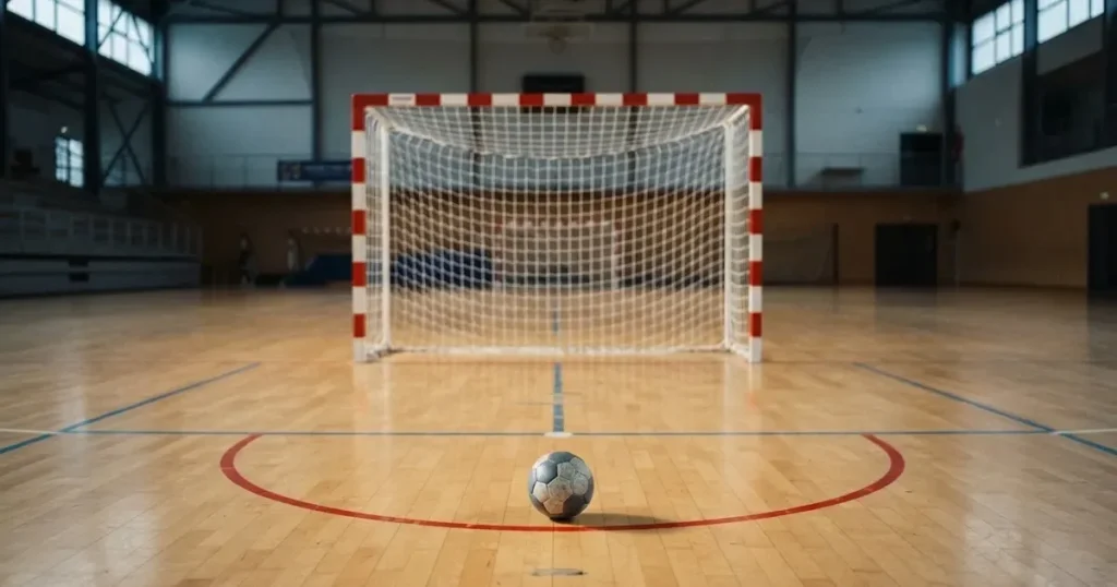 Ein Tor mit dicht gespanntem Netz steht in einer grossen Halle, davor liegt ein Handball auf der Torraumlinie.